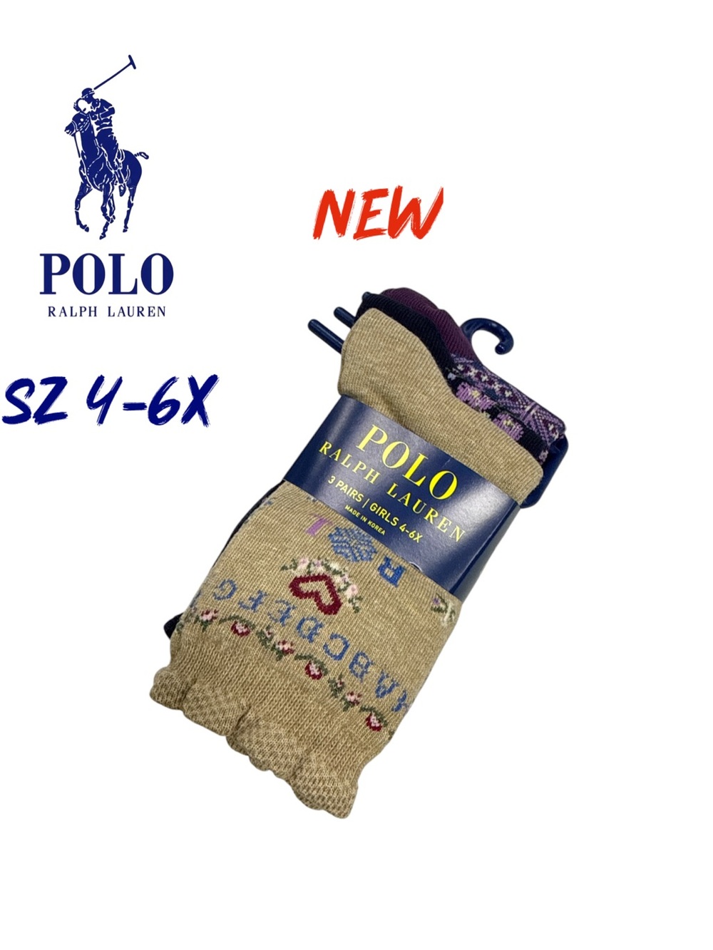 NWT Polo Ralph Lauren Girls 3-Pk Fair Isle Floral Sampler Crew Socks Size 4-6X